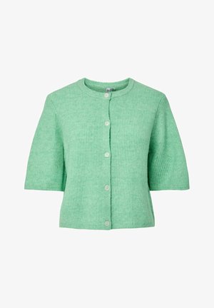 Svetlo zelena kratka pletena jopica s kratkimi rokavi, okrogel izrez in sprednja zapenjanje na gumbe.