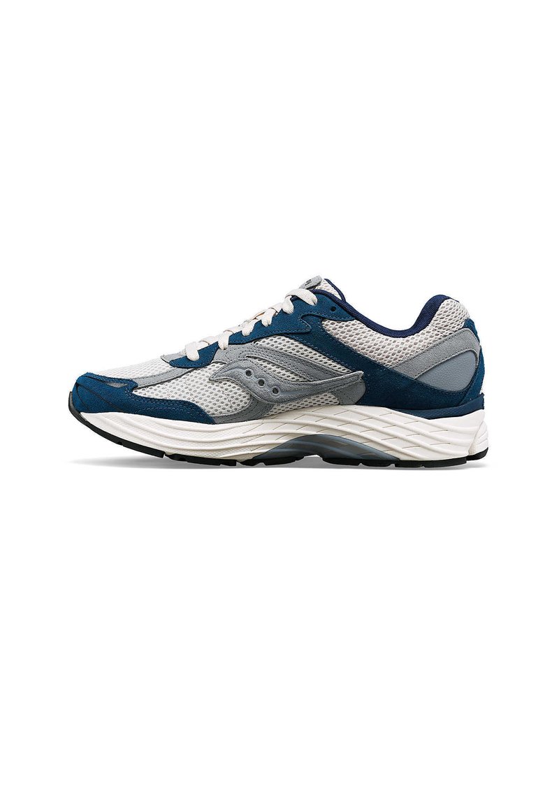 Men's running shoe with a mesh upper in gray and navy, featuring a cushioned white sole and reflective accents. Rounded toe, lace-up design.