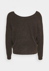 Brązowy, prążkowany sweter z dzianiny z szerokim dekoltem łódkowym, opadłymi ramionami i lu�źnym krojem, z krótką długością i miękką fakturą.