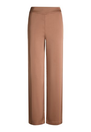 Pantalon taille haute à jambes larges de couleur beige uni, avec une finition lisse et sans poches ni fermetures visibles.
