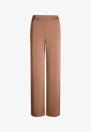 Pantalon taille haute à jambes larges de couleur beige uni, avec une finition lisse et sans poches ni fermetures visibles.