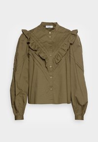 Blusa verde oliva com detalhe em babados na frente, fecho de botões e mangas longas bufantes. Feita de um tecido leve de mistura de algodão.