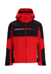Rote und schwarze Skijacke mit hohem Kragen, verstellbarem Kapuze, Reißverschluss-Brusttasche und Seitentaschen. Verfügt über ein kontrastierendes Design mit unterschiedlich gestalteten Einsätzen und Logos.