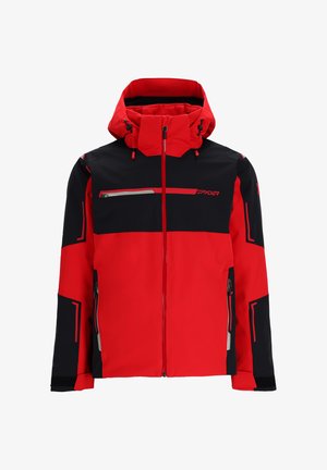 Giacca da sci rossa e nera con colletto alto, cappuccio regolabile, taschino con zip sul petto e tasche laterali. Presenta un design a pannelli a contrasto e loghi.
