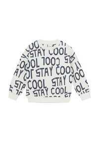Sudadera blanca con texto en azul marino que dice "STAY COOL" en varios tamaños y orientaciones. Presenta un cuello y puños de canalé. Material de mezcla de algodón.