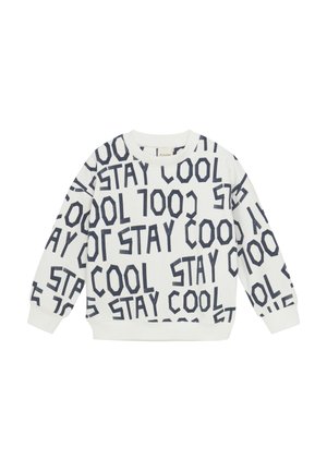 White sweatshirt with navy text reading "STAY COOL" in various sizes and orientations. Features ribbed collar and cuffs. Cotton blend material.