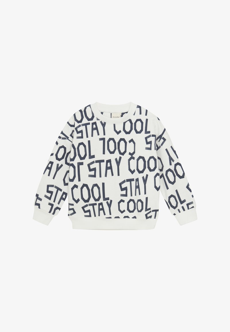 Bjela dukserica s mornarsko plavim natpisom "OSTANI HLADAN" u raznim veličinama i orijentacijama. Ima rebrasti ovratnik i manžete. Materijal mješavina pamuka.