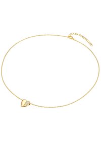 Guldhalsband med ett hjärtformat hänge med slät yta och inlagda stenar, fäst vid en delikat kedja med ett justerbart lås.