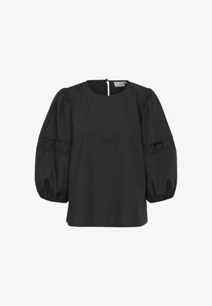 Zwarte blouse met pofmouwen en een ronde halslijn, voorzien van een opening op de rug en geplooide accenten op de mouwen. Vlotte stoftextuur.