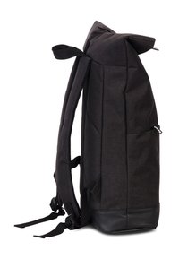 Black fabric backpack with a roll-top design, adjustable straps, and a sturdy black leather base. Features minimalistic structure and accents.