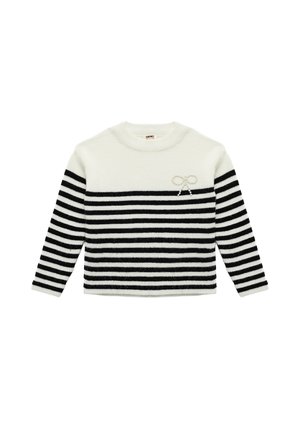 Schwarz-weißer gestreifter Pullover mit langen Ärmeln, Rundhalsausschnitt, strukturierter Textur und einem dekorativen Schleifchen auf der Vorderseite.