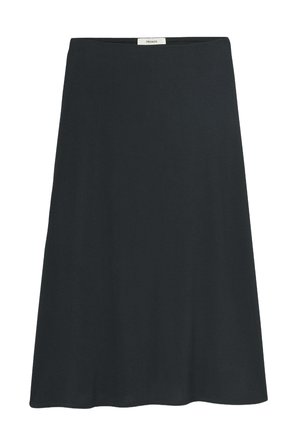 Jupe noire en ligne A en tissu lisse, dotée d'une large ceinture et d'une coupe au genou. Aucun motif ni accent visible.