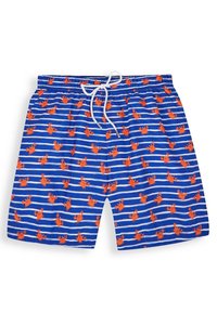 Blaue Badeshorts mit orangen Krabbenmuster und weißen horizontalen Streifen. Sie haben einen elastischen Bund mit Kordelzug.