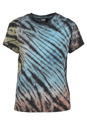 Kortermet tie-dye T-skjorte med blå, svart og brun mønster, rund hals og en avslappet passform.