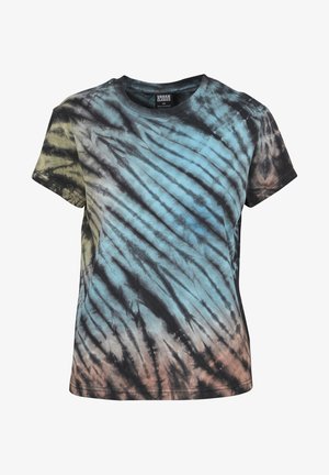 T-shirt à manches courtes en tie-dye présentant des motifs bleus, noirs et marron, avec un col rond et une coupe décontractée.