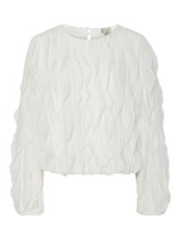 Blusa bianca a maniche lunghe con motivo ondulato e texture, scollatura rotonda; chiusura a oblò sul retro; vestibilità leggermente cropped.