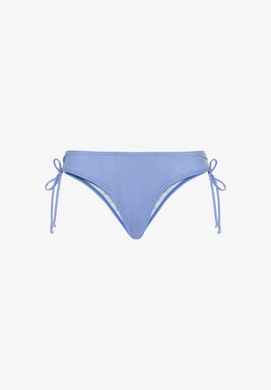 Hellblaue Bikini-Hosen mit Bindebändern an beiden Seiten, aus glattem, dehnbarem Stoff, mit einem tiefer sitzenden Design ohne Muster oder Akzente.