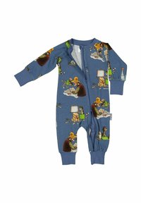 Blå babybody med dragkedja, prydnad av en man med hatt, en kattdocka och en trävagn med segel.