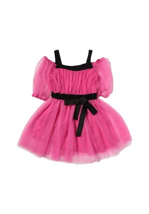 Abito in tulle rosa con maniche a sbuffo corte, una cintura nera in vita e un corpetto aderente. Tessuto morbido e design della gonna a strati e svasata.