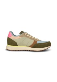 Athletic sneaker featuring a mix of materials including suede, mesh, and leather, in shades of green, beige, pink, and blue accents.