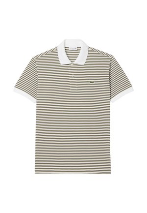Polo à rayures en vert olive et blanc, en coton, avec un col blanc, des manches courtes et un petit logo brodé sur la poitrine.