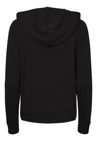 Black hooded sweatshirt with a smooth texture. Features long sleeves, a kangaroo pocket, and a ribbed hem and cuffs.