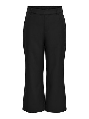Schwarze, weit geschnittene, verkürzte Hose mit Fronttaschen und Gürtelschlaufen, konzipiert für eine entspannte, aber elegante Passform.