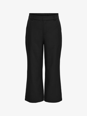 Pantalon noir large et court avec poches avant et passants de ceinture, conçu pour une coupe décontractée mais soignée.