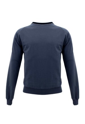 Felpa girocollo blu navy con maniche lunghe, polsini e orlo a coste, mostrata su uno sfondo bianco.