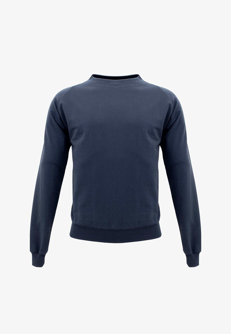 Sweat-shirt bleu marine à col rond avec manches longues, poignets et ourlet côtelés, présenté sur un fond blanc.