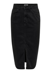 Svart jeanskjol med en framslits, fem fickor och knappstängning. Tillverkad av robust tyg med en mjuk textur.