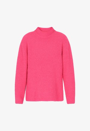 Ružový pletený rolák s ribbovým povrchom, dlhými rukávmi a voľným strihom. Tkanina vyzerá mäkko a teplo.