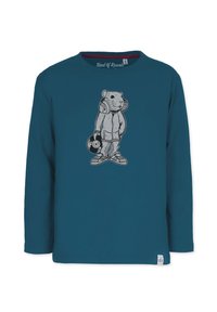 Long-sleeve teal t-shirt featuring a graphic of a bear in workout gear, holding a weight. Made from soft fabric with a crew neck design.