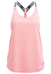 Top sportivo rosa con spalline incrociate bianche e nere e il testo "Just Do It", realizzato in un tessuto liscio e leggero.