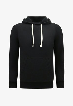 Zwarte pullover hoodie met witte trekkoorden en frontale kangoeroezak, lange mouwen en geribbelde boorden en zoom.