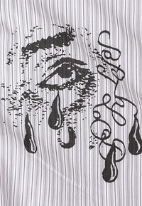 Black graphic design of a crying face with teardrops against a light striped background. Features bold lines and abstract detailing.