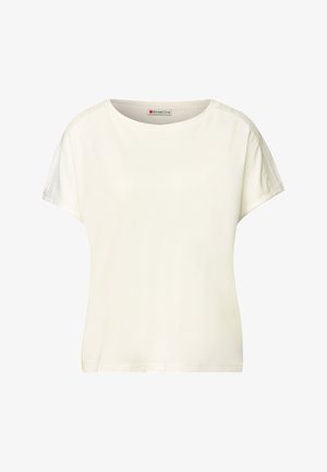 T-shirt bianco a maniche corte con una texture liscia, collo a giro ampia e dettagli in rete simile a pizzo sulle spalle. Design semplice e minimalista.