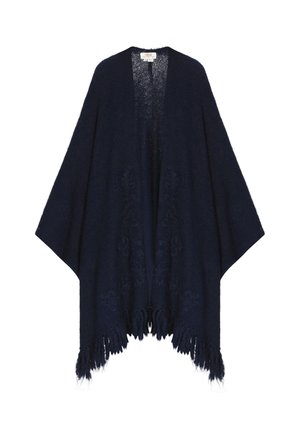 Châle en maille bleu marine avec un devant ouvert, des manches larges, un ourlet à franges et des détails floraux brodés. Texture douce, tissu léger.