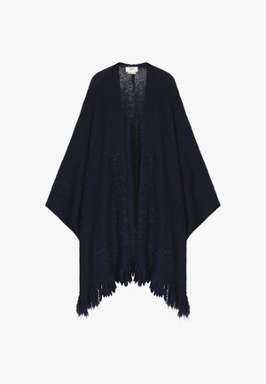 Châle en maille bleu marine avec un devant ouvert, des manches larges, un ourlet à franges et des détails floraux brodés. Texture douce, tissu léger.