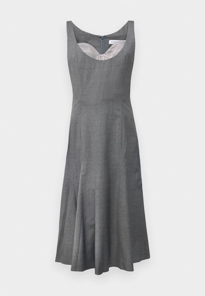 Rochie gri fără mâneci, cu decolteu rotund, fustă evazată și fermoar ascuns la spate. Fabricată dintr-un material texturat cu o căptușeală netedă.