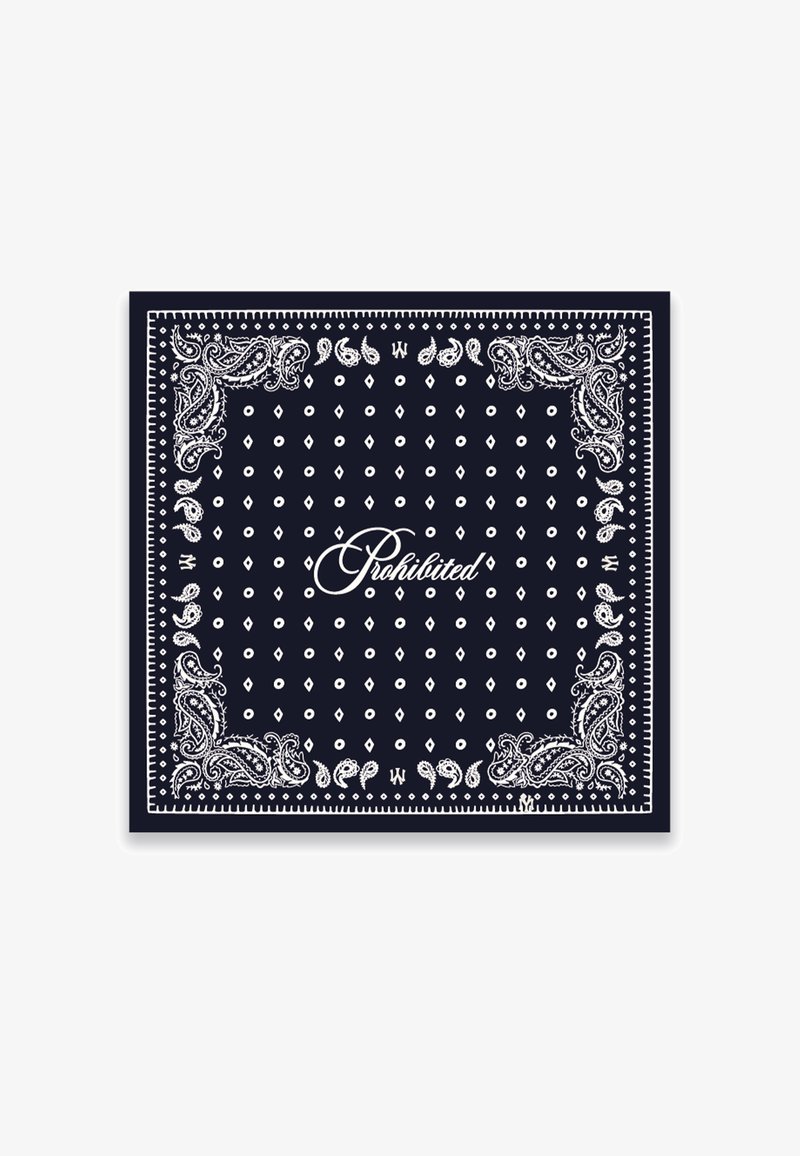 Bandana bleu marine avec des motifs cachemire blancs et des points, avec le mot « Interdit » en écriture cursive au centre.