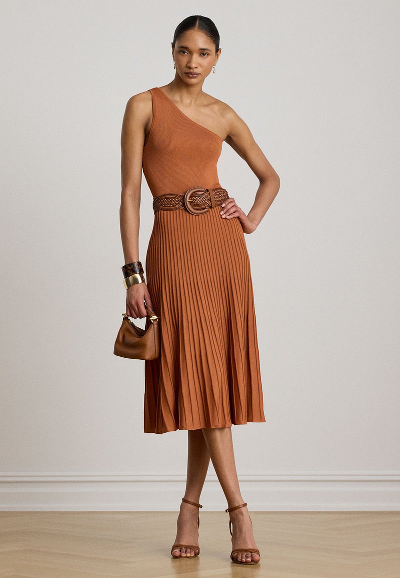 ralph lauren brown pleated dress Lauren RIBBED & ONE-SHOULDER with twisted metallic yarn