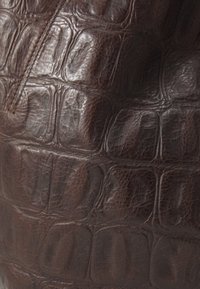 Sac à main en cuir brun avec une texture crocodile, présentant un panneau distinct et une finition brillante, mettant en valeur des coutures détaillées.