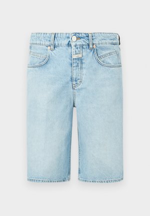 Light blue denim shorts with a straight cut, five pockets, and a button closure. Features visible stitching and a raw hemline.