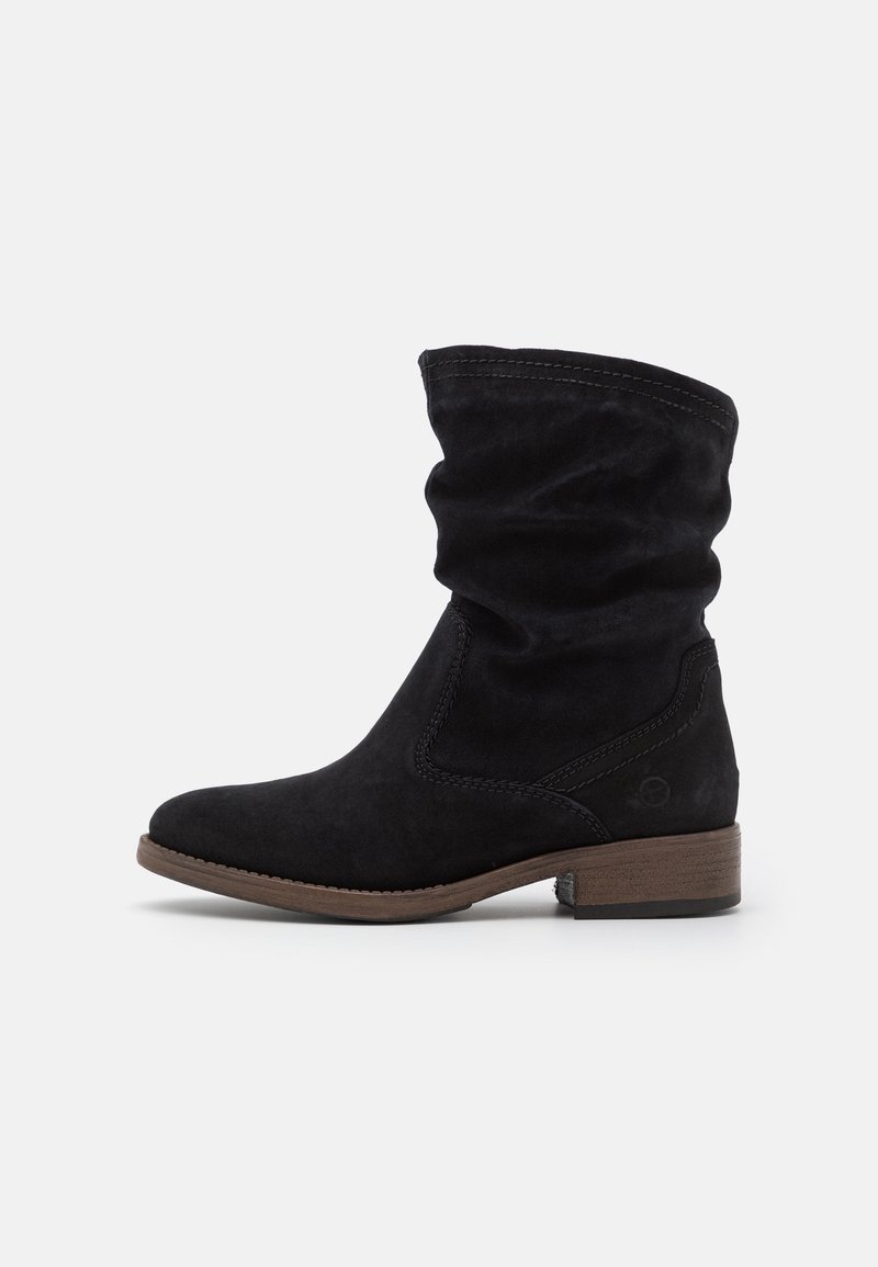 Black suede ankle boot with a slouchy design, rounded toe, and a low stacked heel. Features stitching details and a textured upper.