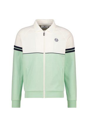 Mint green zip-up jacket with white upper fabric, navy stripes on the sleeves, and side pockets. Soft material with a sporty design.