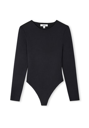 Zwarte longsleeve body met een ronde hals, gemaakt van zachte, rekbare stof, met een string-snede aan de onderkant en minimale naden.