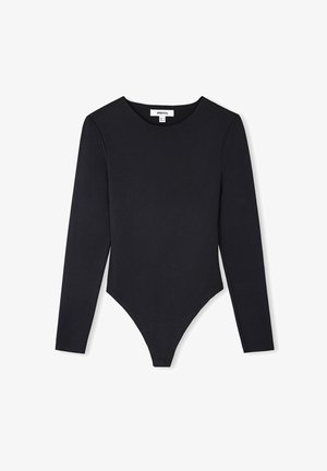 Zwarte longsleeve body met een ronde hals, gemaakt van zachte, rekbare stof, met een string-snede aan de onderkant en minimale naden.
