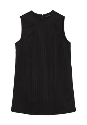 Abito senza maniche nero con righe verticali, dotato di scollatura rotonda e zip sul retro. Include due tasche frontali.