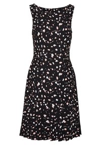 Svart ärmlös klänning med ett spritt mönster i vitt och rosa, med en plisserad nederkant och rund halsringning. Knäppning baktill.